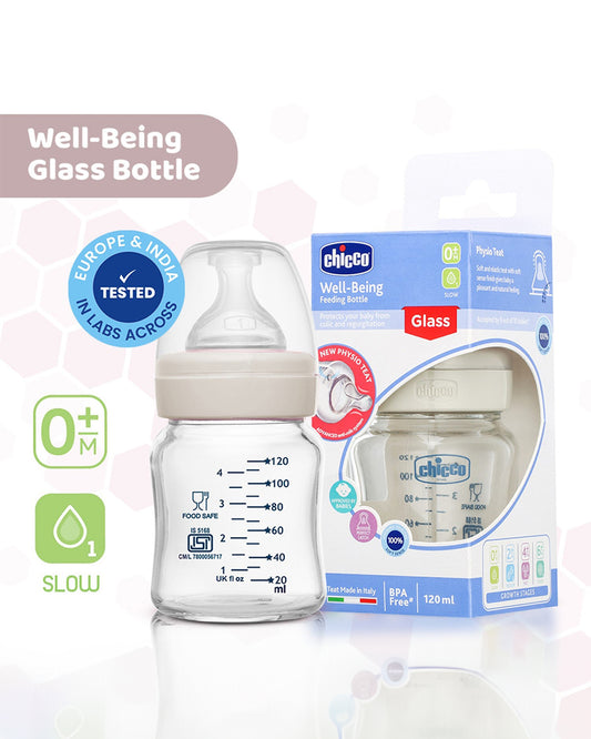 Chicco Well Being Glass Feeding Bottle-Anti Colic-Wide Neck-Slow Flow-120 ml-Neutral-0M+