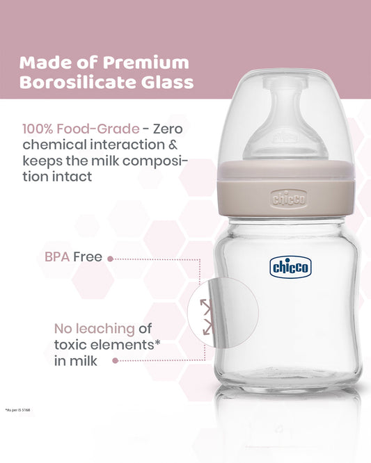 Chicco Well Being Glass Feeding Bottle-Anti Colic-Wide Neck-Slow Flow-120 ml-Neutral-0M+