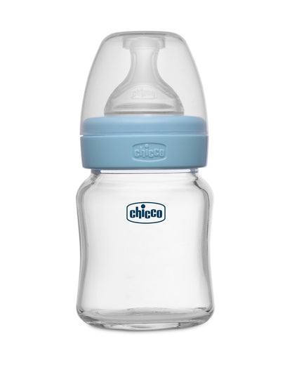 Chicco Well Being Glass Feeding Bottle-Anti Colic-Wide Neck-Slow Flow-120 ml-Blue-0M+