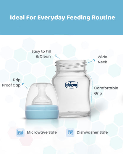 Chicco Well Being Glass Feeding Bottle-Anti Colic-Wide Neck-Slow Flow-120 ml-Blue-0M+