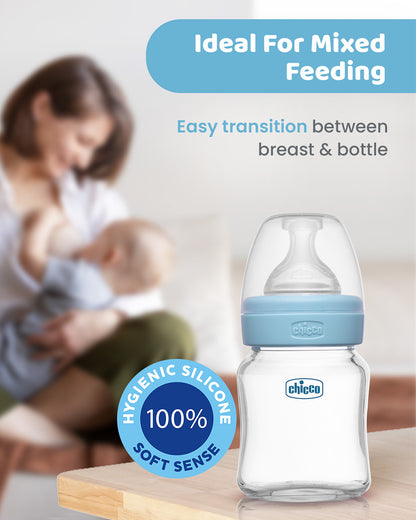 Chicco Well Being Glass Feeding Bottle-Anti Colic-Wide Neck-Slow Flow-120 ml-Blue-0M+