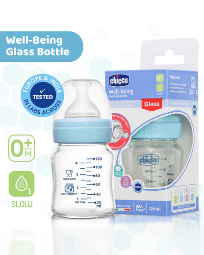 Chicco Well Being Glass Feeding Bottle-Anti Colic-Wide Neck-Slow Flow-120 ml-Blue-0M+