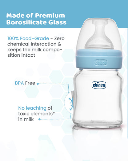 Chicco Well Being Glass Feeding Bottle-Anti Colic-Wide Neck-Slow Flow-120 ml-Blue-0M+