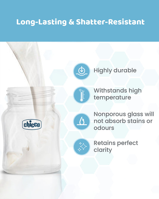 Chicco Well Being Glass Feeding Bottle-Anti Colic-Wide Neck-Slow Flow-120 ml-Blue-0M+