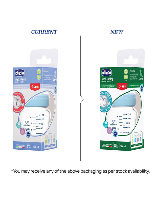 Chicco Well Being Glass Feeding Bottle-Anti Colic-Wide Neck-Slow Flow-120 ml-Blue-0M+