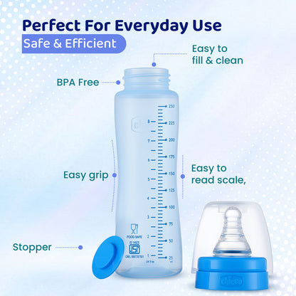 Chicco Feed Easy Feeding Bottle-Anti Colic System-250 ml-Blue-2M+