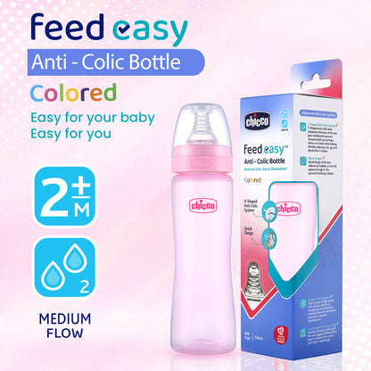 Chicco Feed Easy Feeding Bottle-Anti Colic System-250 ml-Pink-2M+