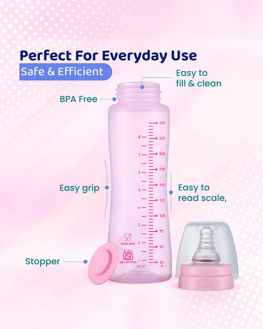 Chicco Feed Easy Feeding Bottle-Anti Colic System-250 ml-Pink-2M+