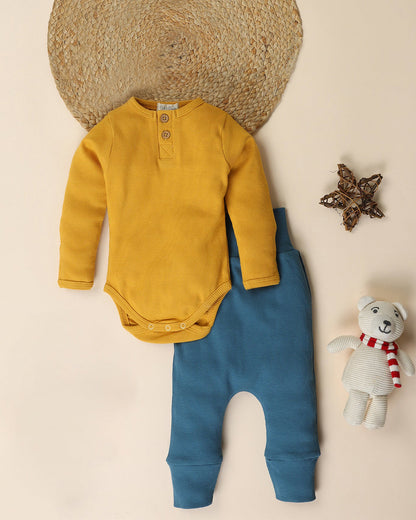 Cot & Candy Baby Mustard & Denim Bodysuit With Pants-Solid-Organic Cotton-For Infants