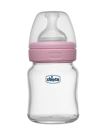 Chicco Well Being Glass Feeding Bottle-Anti Colic-Wide Neck-Slow Flow-120 ml-Pink-0M+