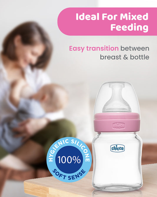 Chicco Well Being Glass Feeding Bottle-Anti Colic-Wide Neck-Slow Flow-120 ml-Pink-0M+