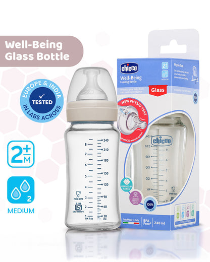 Chicco Well Being Glass Feeding Bottle-Anti Colic-Wide Neck-Slow Flow-120 ml-Pink-0M+