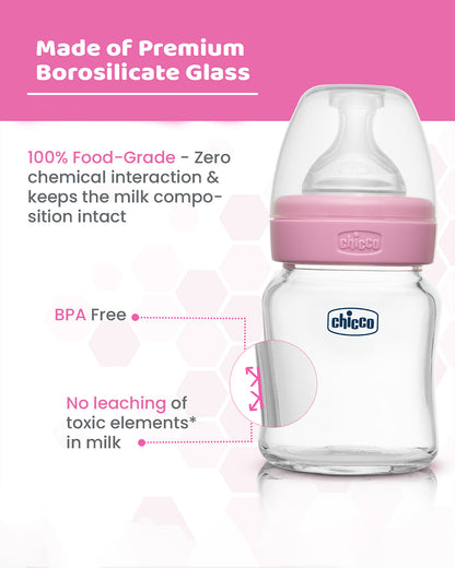 Chicco Well Being Glass Feeding Bottle-Anti Colic-Wide Neck-Slow Flow-120 ml-Pink-0M+