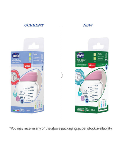 Chicco Well Being Glass Feeding Bottle-Anti Colic-Wide Neck-Slow Flow-120 ml-Pink-0M+