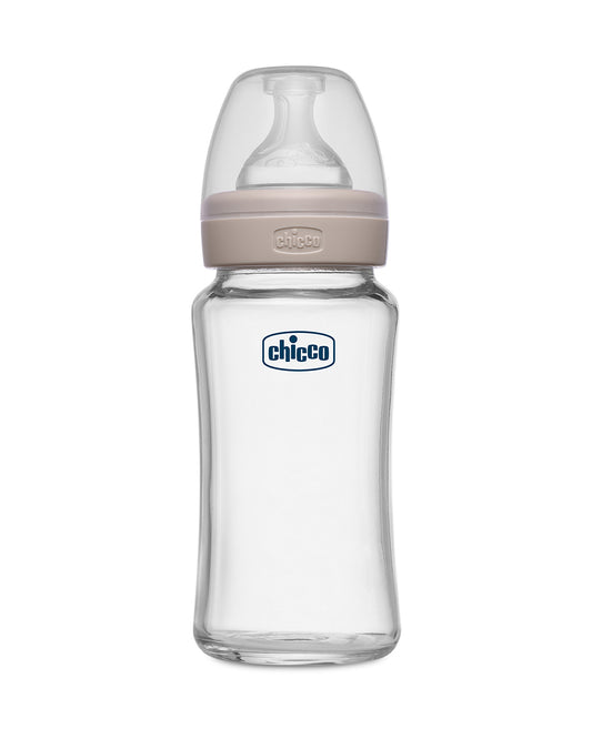 Chicco Well Being Glass Feeding Bottle-Anti Colic-Wide Neck-Medium Flow-240 ml-Neutral-2M+