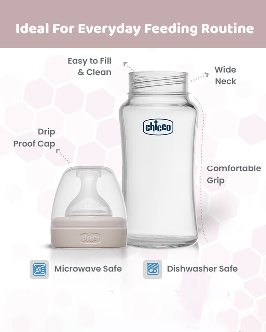 Chicco Well Being Glass Feeding Bottle-Anti Colic-Wide Neck-Medium Flow-240 ml-Neutral-2M+