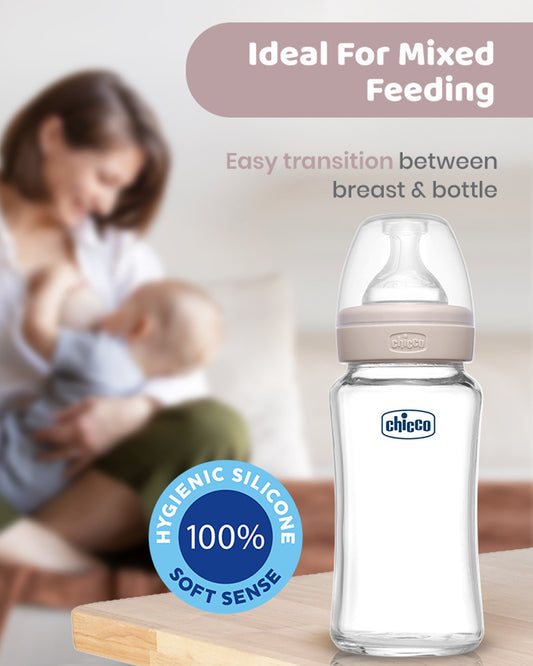 Chicco Well Being Glass Feeding Bottle-Anti Colic-Wide Neck-Medium Flow-240 ml-Neutral-2M+