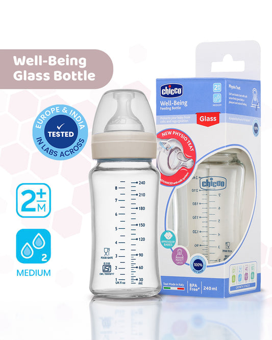 Chicco Well Being Glass Feeding Bottle-Anti Colic-Wide Neck-Medium Flow-240 ml-Neutral-2M+
