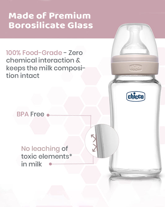 Chicco Well Being Glass Feeding Bottle-Anti Colic-Wide Neck-Medium Flow-240 ml-Neutral-2M+