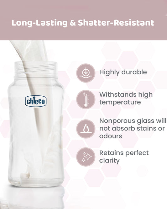 Chicco Well Being Glass Feeding Bottle-Anti Colic-Wide Neck-Medium Flow-240 ml-Neutral-2M+