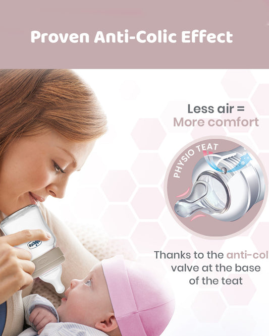 Chicco Well Being Glass Feeding Bottle-Anti Colic-Wide Neck-Medium Flow-240 ml-Neutral-2M+