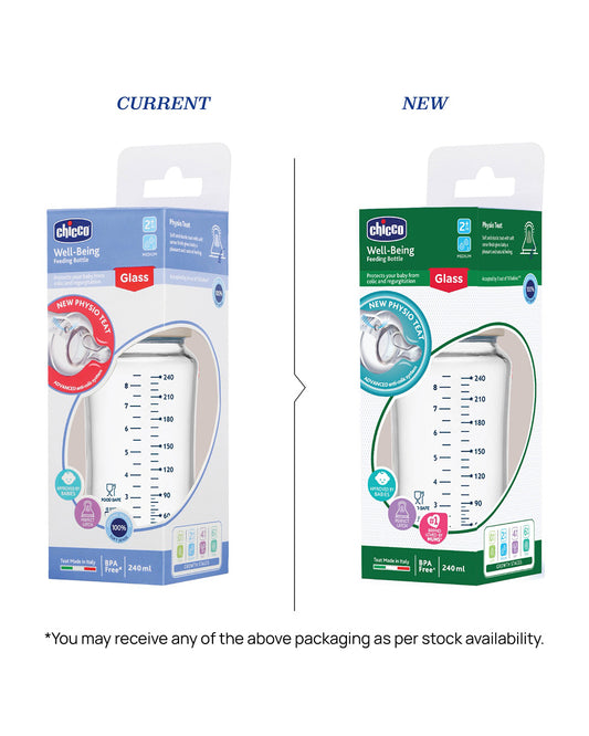 Chicco Well Being Glass Feeding Bottle-Anti Colic-Wide Neck-Medium Flow-240 ml-Neutral-2M+