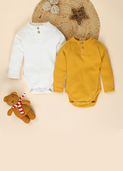 Cot & Candy Baby White & Mustard Winter Wear Bodysuit-Solid-Organic Cotton-Pack of 2-For Infants