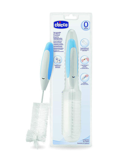 Chicco 3 in 1 Bottle Brush-Nylon Bristles-With Tong And Specific Brush For Teat-Blue & White