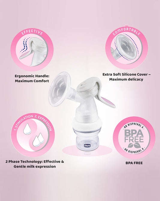 Chicco Natural Feeling Manual Breast Pump-2 Phase Technology-Includes Feeding Bottle, Teat & Airtight Cap-Ergonomic Handle & Extra Soft Silicone Cup-BPA Free & Compact Design-Milk Expression Pump