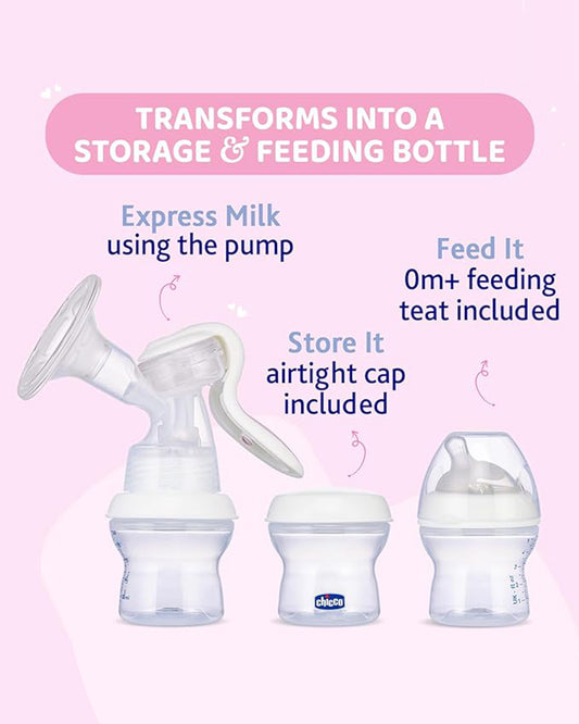 Chicco Natural Feeling Manual Breast Pump-2 Phase Technology-Includes Feeding Bottle, Teat & Airtight Cap-Ergonomic Handle & Extra Soft Silicone Cup-BPA Free & Compact Design-Milk Expression Pump