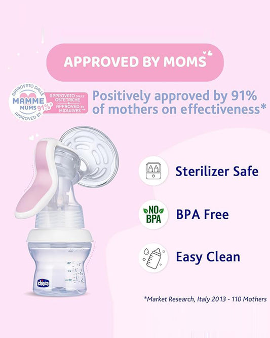 Chicco Natural Feeling Manual Breast Pump-2 Phase Technology-Includes Feeding Bottle, Teat & Airtight Cap-Ergonomic Handle & Extra Soft Silicone Cup-BPA Free & Compact Design-Milk Expression Pump