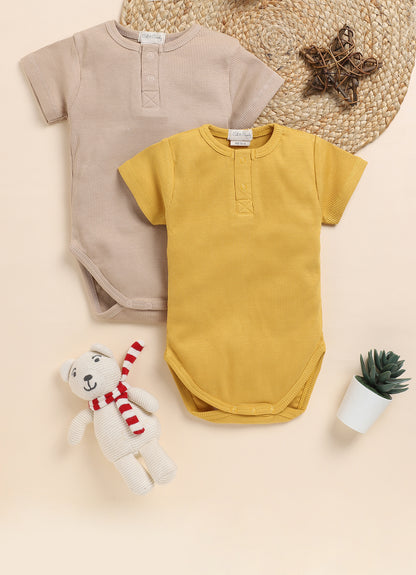 Cot & Candy Baby Latte & Mustard Bodysuit-Solid-Organic Cotton-Pack of 2-For Infants