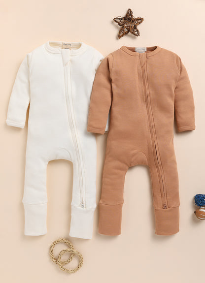 Cot & Candy Baby Milk & Camel Winter Wear Zipsuits-Solid-Organic Cotton-Pack of 2-For Infants