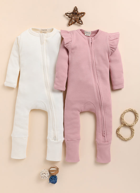 Cot & Candy Baby Milk & Blush Pink Winter Wear Zipsuits-Solid-Organic Cotton-Pack of 2-For Infants