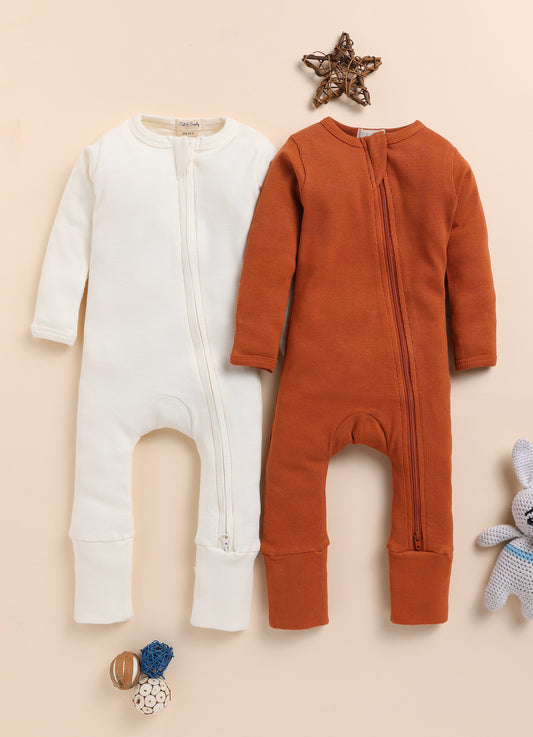 Cot & Candy Baby Milk & Ginger Winter Wear Zipsuits-Solid-Organic Cotton-Pack of 2-For Infants