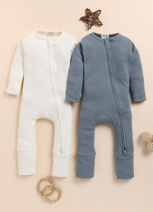 Cot & Candy Baby Milk & Aqua Winter Wear Zipsuits-Solid-Organic Cotton-Pack of 2-For Infants