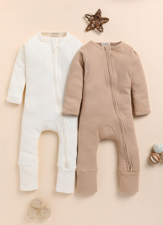 Cot & Candy Baby Milk & Latte Zipsuits-Solid-Organic Cotton-Pack of 2-For Infants