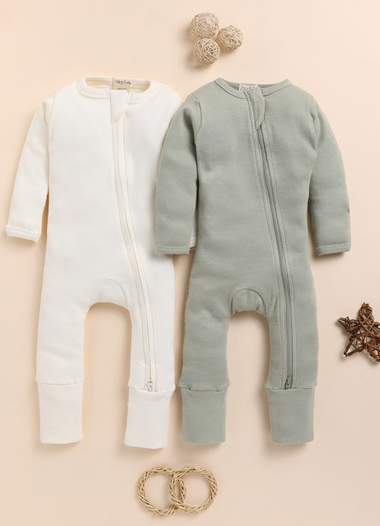 Cot & Candy Baby Milk & Sage Zipsuits-Solid-Organic Cotton-Pack of 2-For Infants