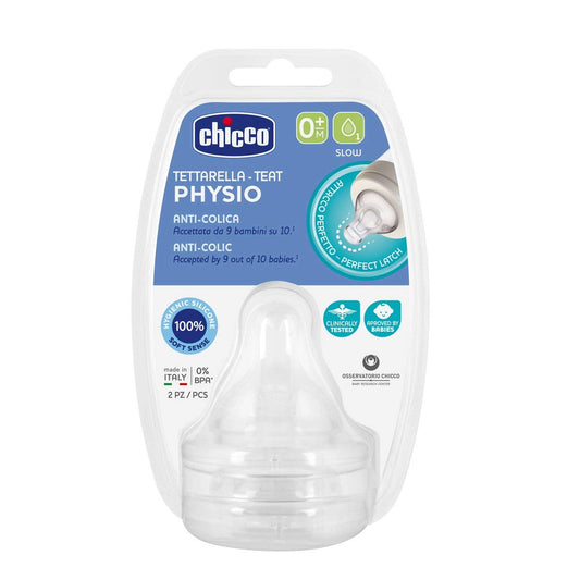 Chicco Physio Teat-Advanced Anti Colic Effect-Pack of 2-0M+-Slow Flow-Feeding Bottle Nipple