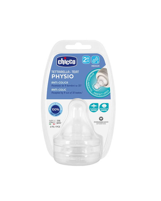 Chicco Physio Teat-Advanced Anti Colic Effect-Pack of 2-2M+-Medium Flow-Feeding Bottle Nipple