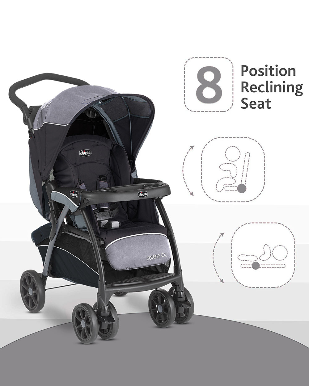 Chicco Cortina CX Baby Stroller 8 Positions Reclining Seat 3 Positions Adjustable Parent Handle Bar One Hand Fold With Parent Child Tray 6 Months Warranty Pram for 0 to 4Y Upto 22 Kg Jet Black Extra ...