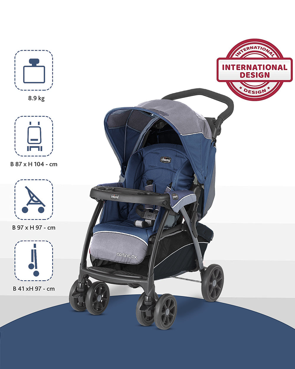 Chicco Cortina CX Baby Stroller-8 Positions Reclining Seat-3 Positions Adjustable Parent Handle Bar-One Hand Fold-With Parent & Child Tray-6 Months Warranty-Pram for 0 to 4Y (Upto 22 Kg)-Baltic-Extra 5% Off – duckduckbaby
