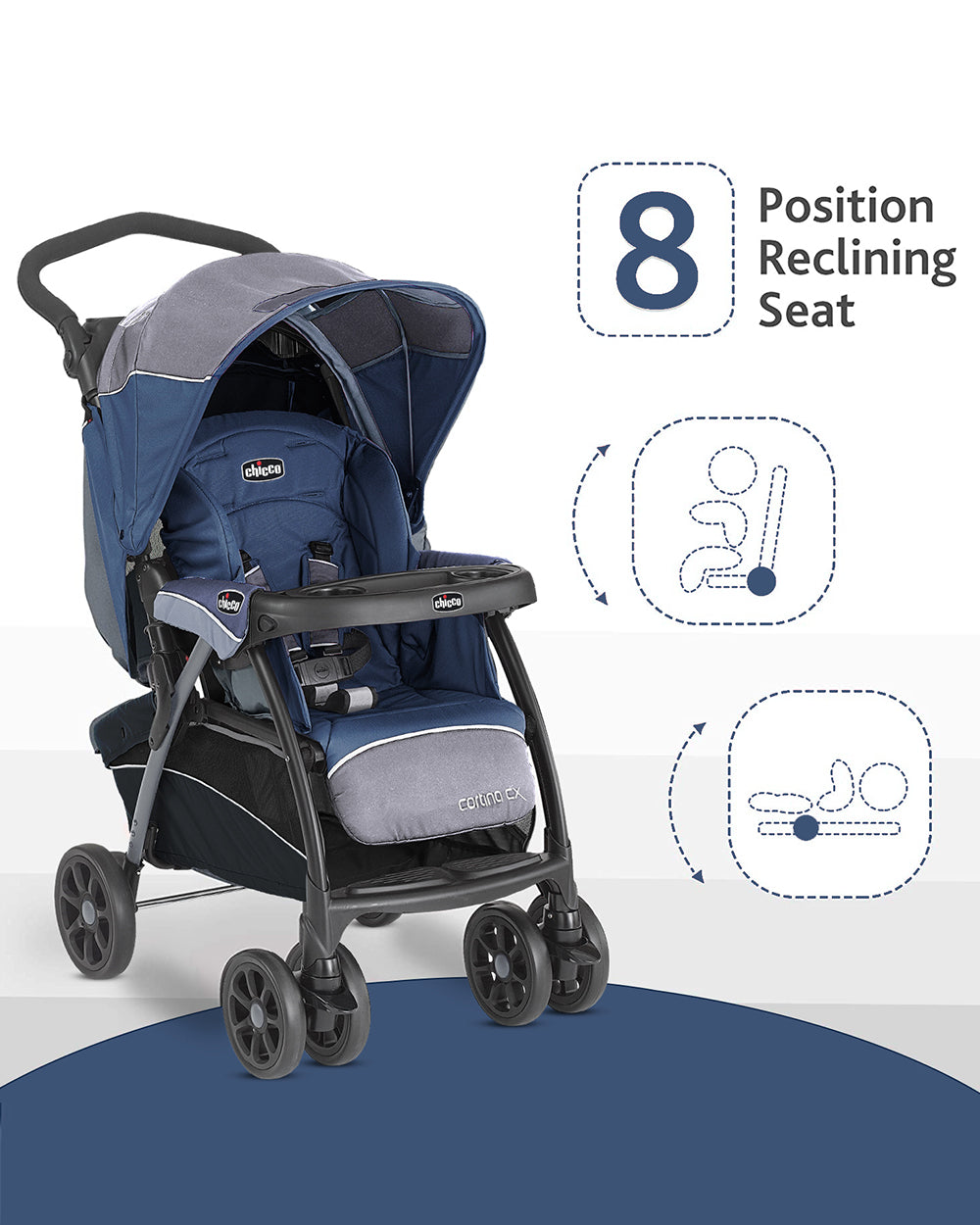Chicco Cortina CX Baby Stroller-8 Positions Reclining Seat-3 Positions Adjustable Parent Handle Bar-One Hand Fold-With Parent & Child Tray-6 Months Warranty-Pram for 0 to 4Y (Upto 22 Kg)-Baltic-Extra 5% Off – duckduckbaby