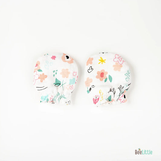 BeeLittle White Mittens-Cherry Blossom-Organic Muslin-For Infants