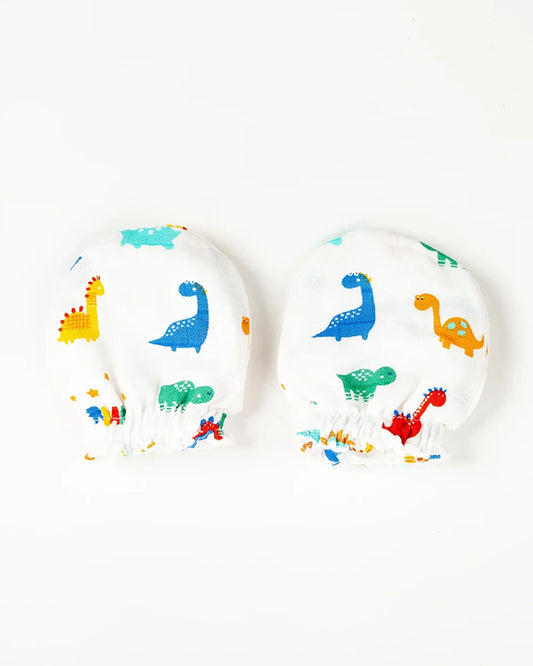 BeeLittle White Mittens-Dinosaur-Organic Muslin-For Infants