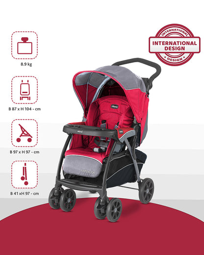 Chicco Cortina CX Baby Stroller-8 Positions Reclining Seat-3 Positions Adjustable Parent Handle Bar-One Hand Fold-With Parent & Child Tray-6 Months Warranty-Pram for 0 to 4Y (Upto 22 Kg)-Red