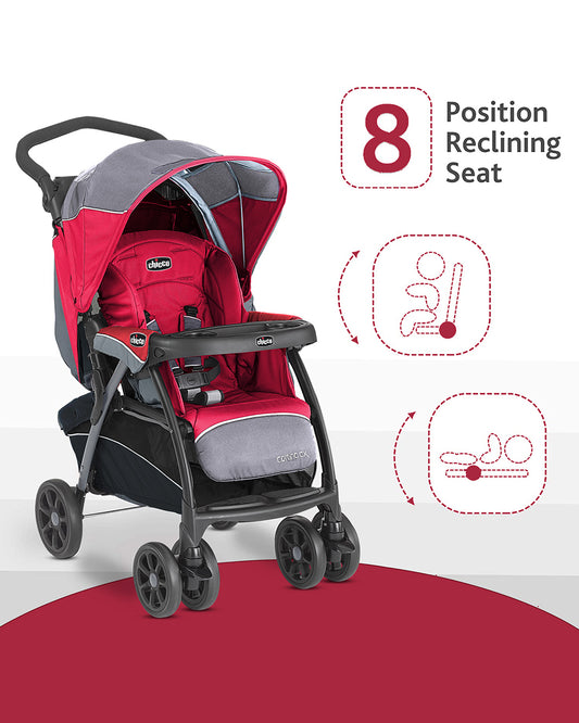 Chicco Cortina CX Baby Stroller-8 Positions Reclining Seat-3 Positions Adjustable Parent Handle Bar-One Hand Fold-With Parent & Child Tray-6 Months Warranty-Pram for 0 to 4Y (Upto 22 Kg)-Red