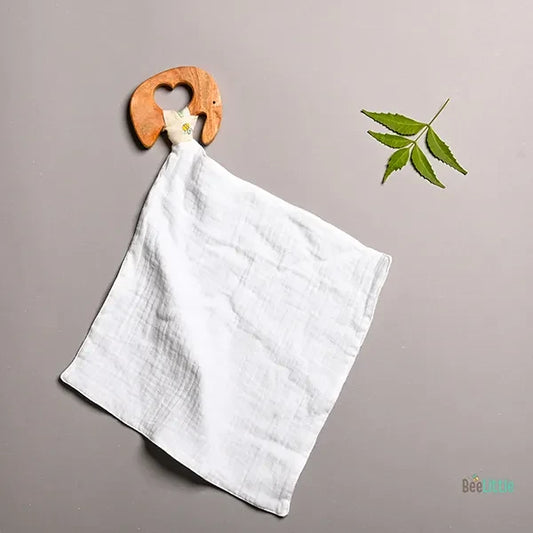 BeeLittle 2 Pack Elephant Teether with Drool Cloth Set-Organic Neem Wood-Dual Layered Cloth