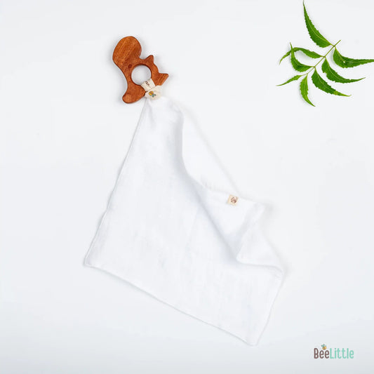 BeeLittle 2 Pack Dino Teether with Drool Cloth Set-Organic Neem Wood-Dual Layered Cloth