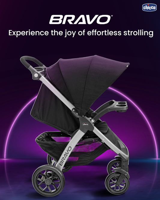 Chicco Bravo Quick Fold Baby Stroller-3 Positions Adjustable Parent Handle Bar-One Hand Fold-With Parent & Child Tray-6 Months Warranty-Pram for 0 to 4Y (Upto 22 Kg)-Black